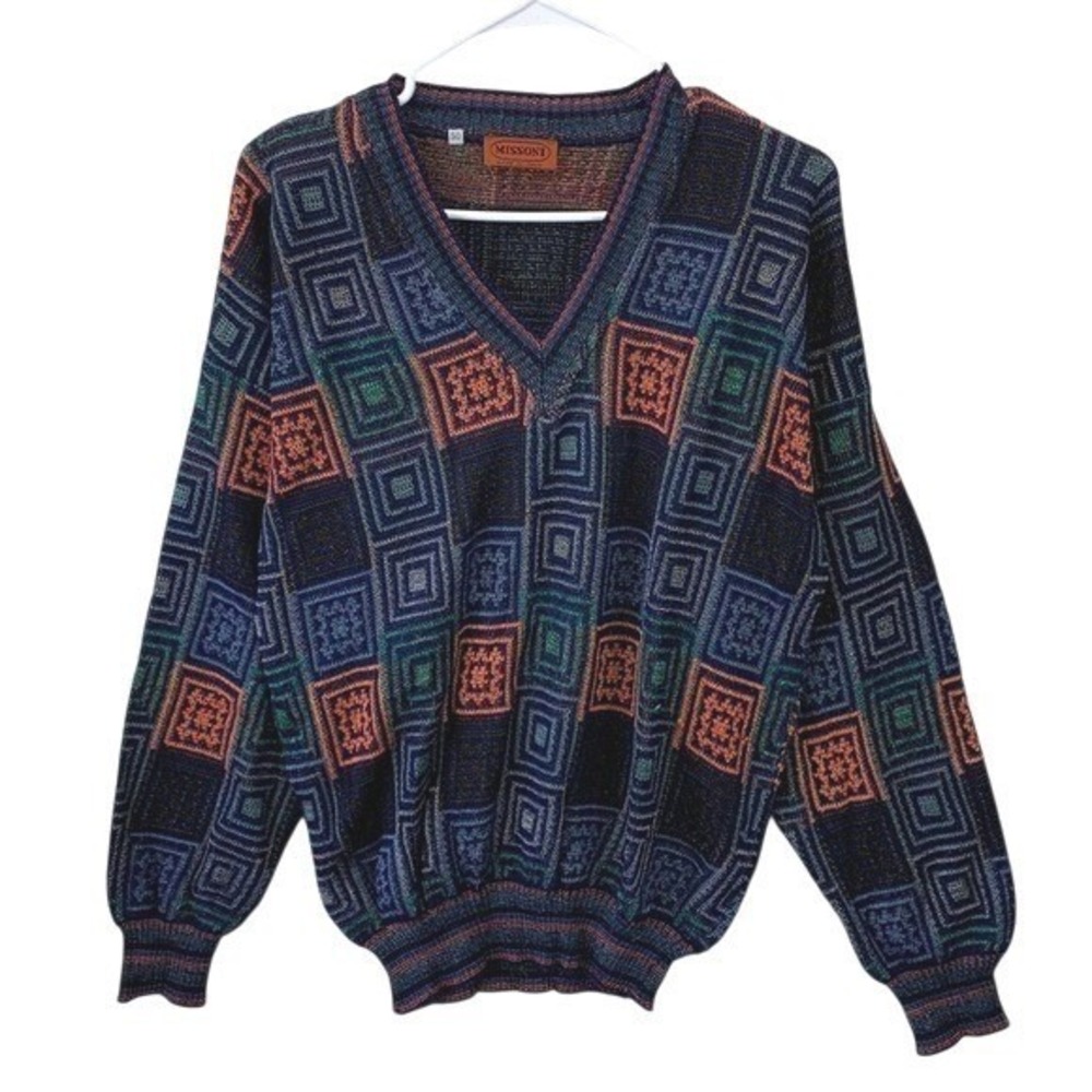 Missoni Geometric Square V Neck Knit Sweater Mens Size L Multicolor Italy Luxury